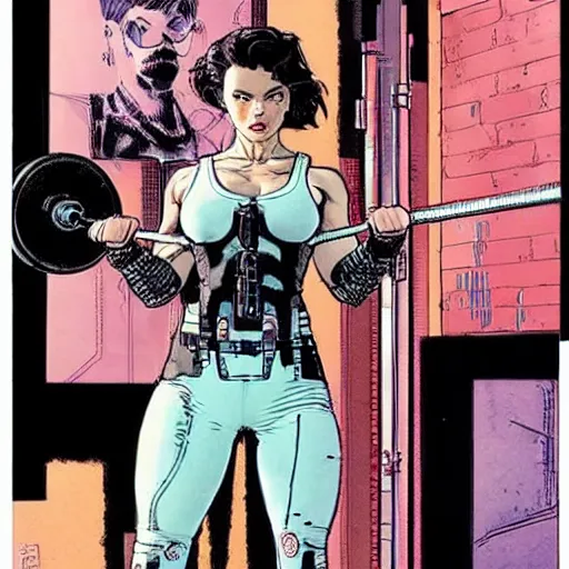 Image similar to Selina Kyle. Apex legends cyberpunk weight lifter. Concept art by James Gurney and Mœbius.