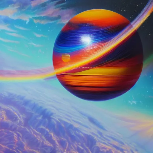 Prompt: view from space, rainbow rubber band ball planet, oil on canvas, portrait, intricate, 8 k highly professionally detailed, hdr, cgsociety