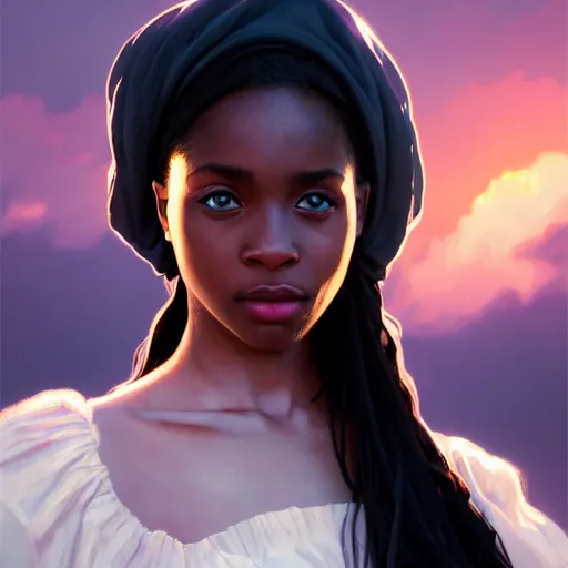 Image similar to a Photorealistic dramatic hyperrealistic bright blue eyes, African American elegant girl, black hair, white veil,by WLOP,Artgerm,Greg Rutkowski,Alphonse Mucha, Beautiful dynamic dramatic bright sunset lighting,shadows,cinematic atmosphere,Artstation,concept design art,Octane render,8k