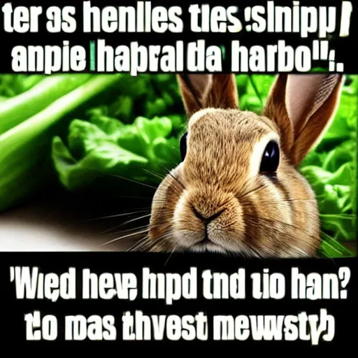 Prompt: a meme image of a rabbit with the text lettuce be happy