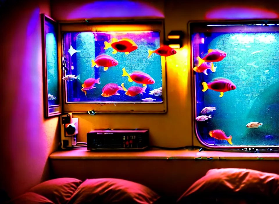 Image similar to telephoto 7 0 mm f / 2. 8 iso 2 0 0 photograph depicting the feeling of chrysalism in a cosy cluttered french sci - fi ( art nouveau ) cyberpunk apartment in a pastel dreamstate art cinema style. ( aquarium, computer screens, window ( city ), leds, lamp, ( ( ( aquarium bed ) ) ) ), ambient light.