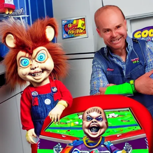 Image similar to hybrid of chucky and chuck e. cheese