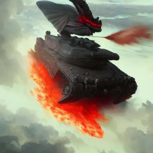 Prompt: an extremely detailed matte painting of a colossal red and black dragon breathing fire, destroying an m 1 abrams tank, very detailed, beautiful, intricate, cinematic, artstation, william bouguereau, alphonse mucha, greg rutkowski, rossdraws