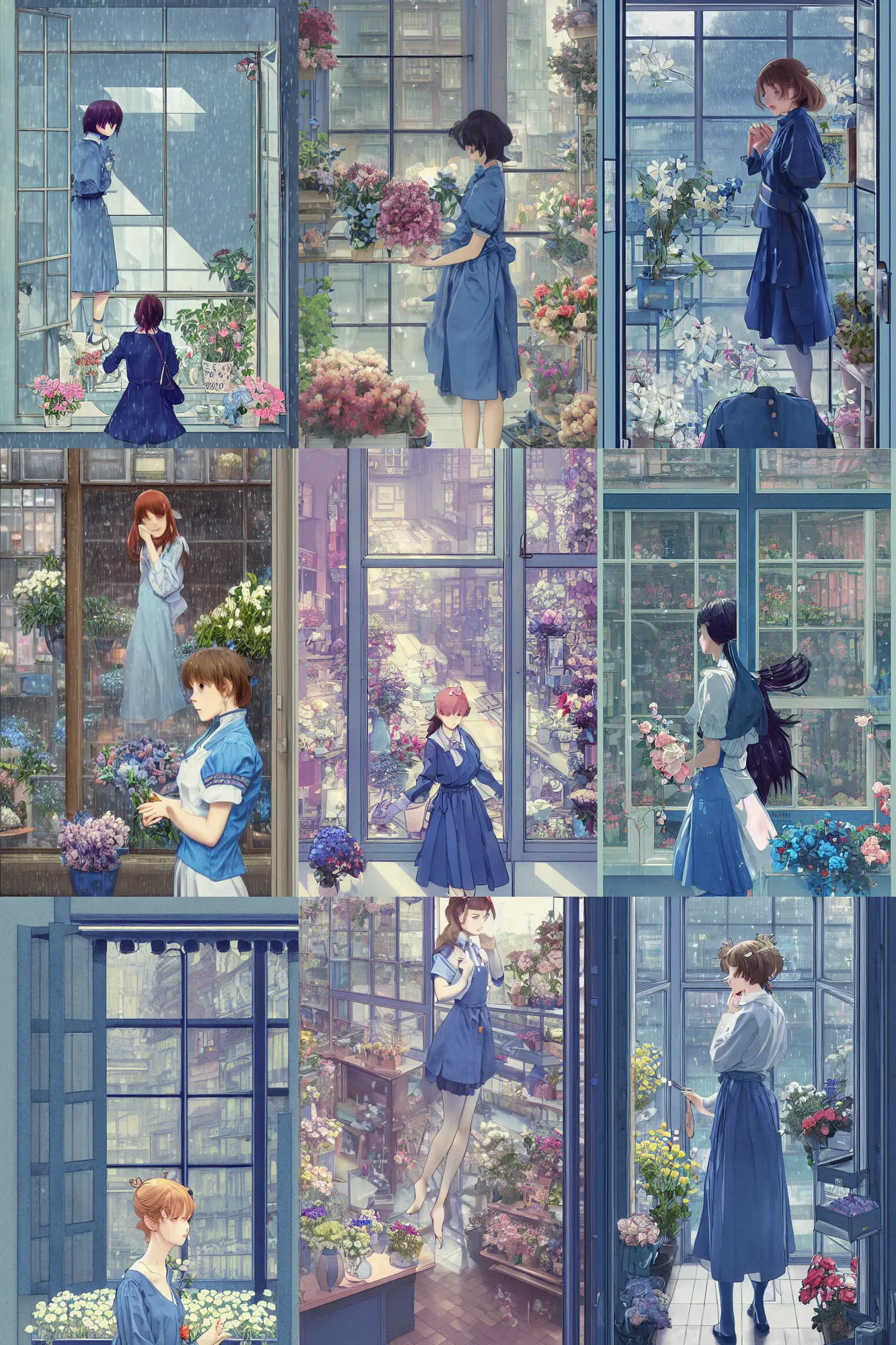 Prompt: a digital painting of Through the window a girl working in a flower shop in the afternoon, it is raining outside the window,blue and grey theme,JK uniform ,Hairdryer,blue theme,S line, by krenz cushart and mucha and range murata and greg rutkowski