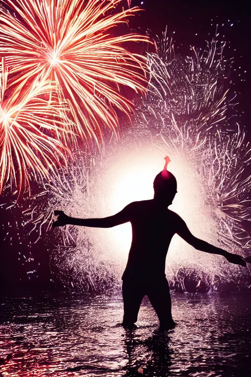 Image similar to man throwing a beagle in the air while standing in water with fireworks in background, full body, silhouette, reflection in water, volumetric lighting, golden ratio, backlit