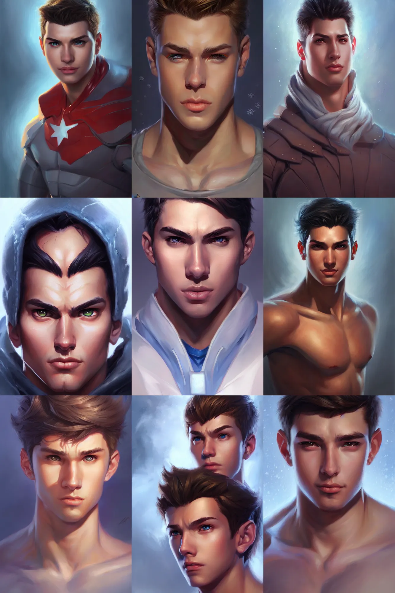 Prompt: a new young male hero by artgerm and adi granov, mandy jurgens, oil on canvas, masterpiece, marvel, ice, snow, trending on artstation, highly detailed face, clear eyes