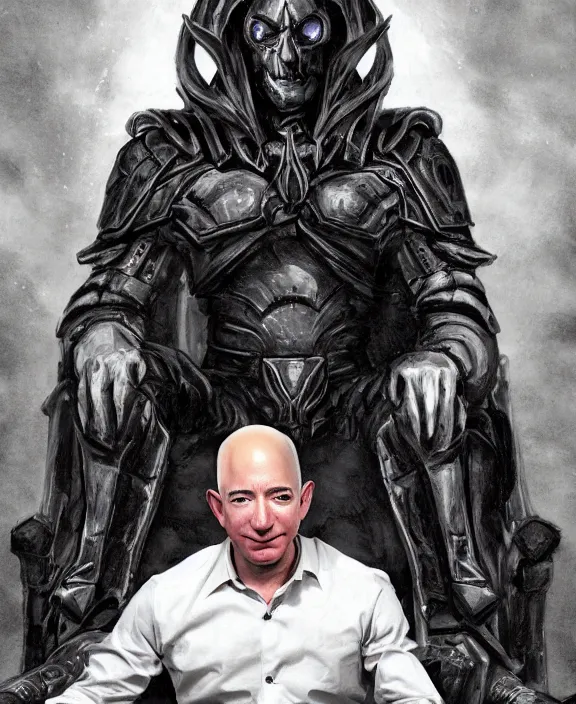 Prompt: a grimdark fantasy concept art portrait of jeff bezos sitting on a dark and evil throne