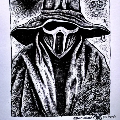 Image similar to plague doctor, detailed, pen and ink, stippling