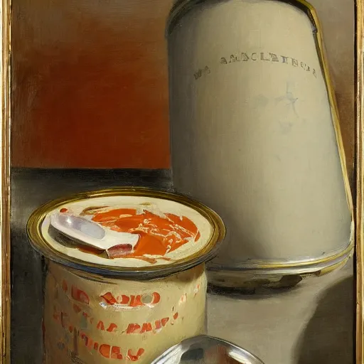 Image similar to by william hogarth graceful, opulent. in this performance art, the artist has used a photo - realist style to depict a can of soup. the can is placed on a plain background, & the artist has used bright, primary colors to create a striking image. the performance art is both realistic & abstract