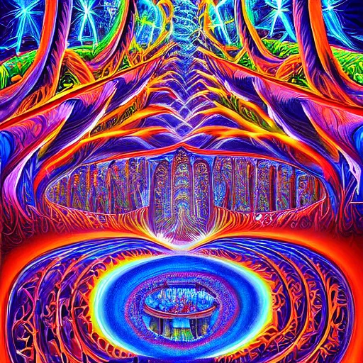 Image similar to highly detailed painting of the inside of a dmt temple filled with magical energy by mad dog jones and alex grey