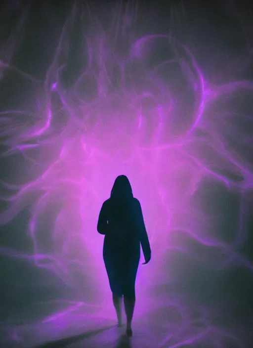 Image similar to a symmetrical female silhouette walking, astral projection, purple glowing aura, out of body experience, film grain, cinematic lighting, experimental film