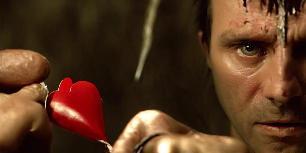 Image similar to film still of closeup the knight holds a bleeding heart in his hand by emmanuel lubezki