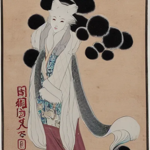 Prompt: portrait of a kitsune woman with 9 fluffy tails