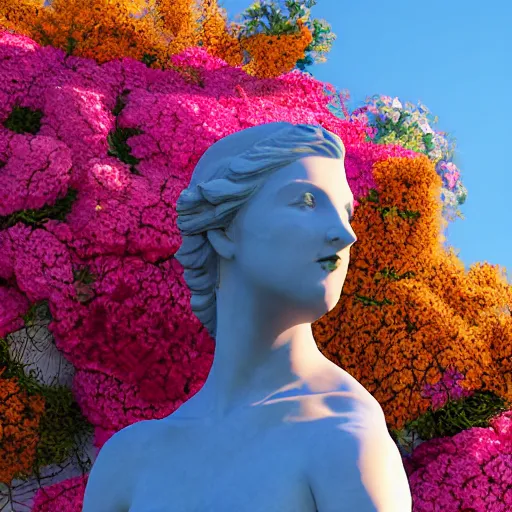 Prompt: a marble statue covered in flowers, full frame, cinematic light, 8k, unreal engine,