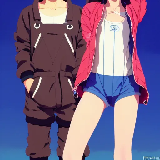 Image similar to a beautiful boyish natalie portman gravure model, wearing oversized mayan bomber jacket and leotard with overalls, bulky poofy bomber jacket with mesoamerican patterns, mesoamerican street fashion, gapmoe yandere grimdark, trending on pixiv fanbox, painted by greg rutkowski makoto shinkai takashi takeuchi studio ghibli, akihiko yoshida