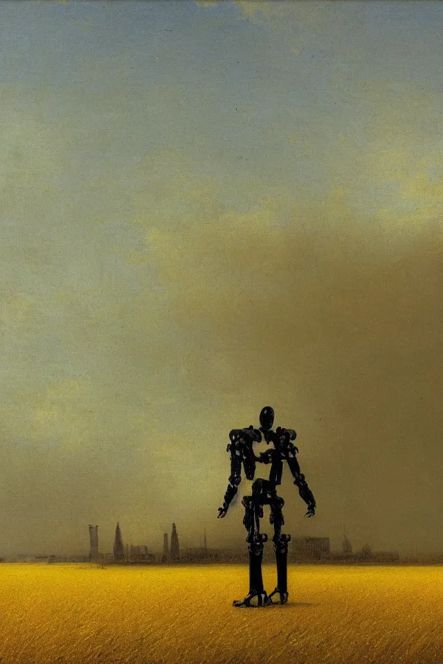 Image similar to painting of the back view of a terminator-like robot, standing in the vast yellow wheat fields, looking at five distant gargantuan tall buildings by Ivan Aivazovsky