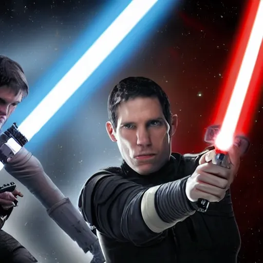 Prompt: starkiller from the force unleased having a lightsaber duel with luke skywalker ultrarealistic, foggy, dramatic,