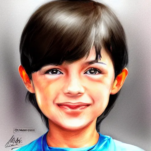 Prompt: a digital portrait of a 9 year old with black hair,hazel green eyes, drawn in the style of mark Arian