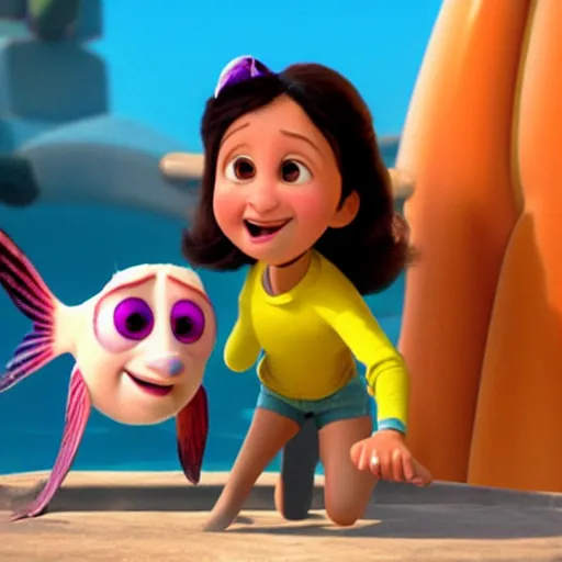 Prompt: julia louis dreyfus as a pixar character with a fish!!! body, 3 d, octane render