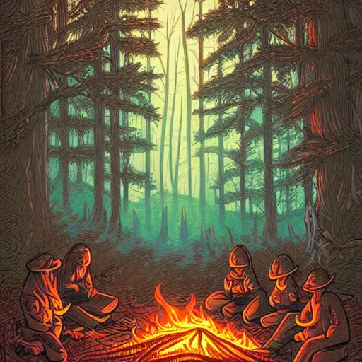 Prompt: A campfire in the forest by Dan Mumford