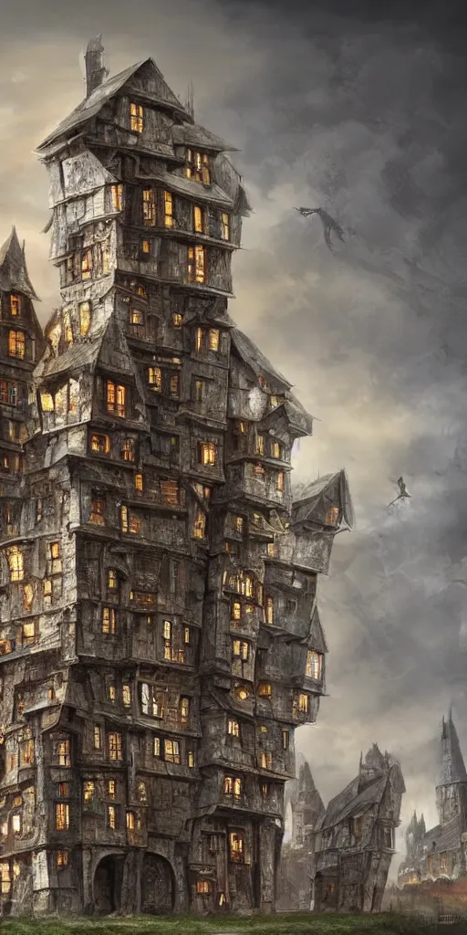 Image similar to an infinite amount of medieval houses stacked on each other, creating a monolith, concept art, very very very very tall, trending on deviantart, movie still, award wining photograph