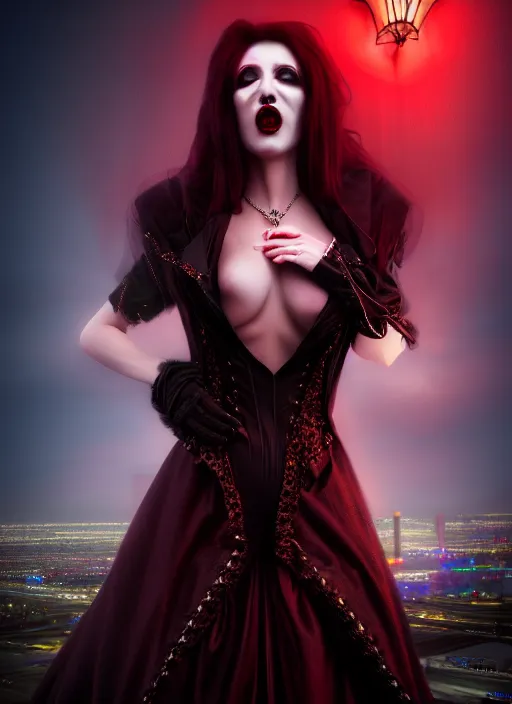 Image similar to realistic matte painting, full length portrait, the vampire duchess of blood owns the las vegas strip, night, fangs, highly detailed, CGsociety, concept art, HDR, hyper realistic, volumetric lighting, subsurface scattering, unreal,