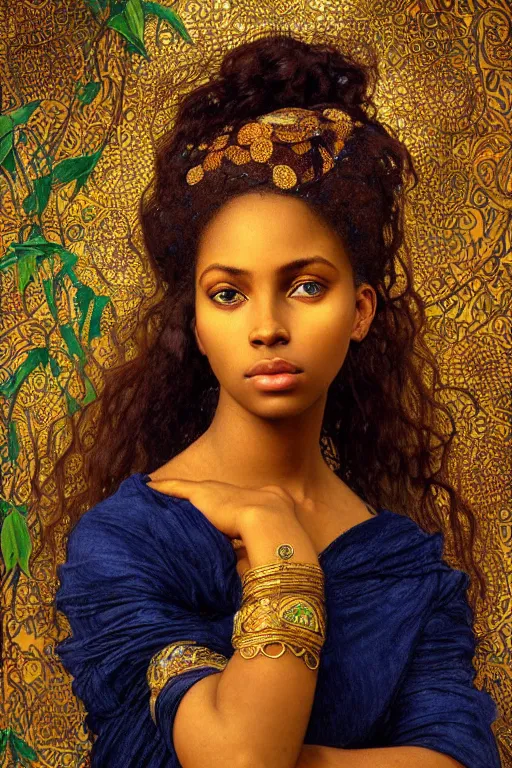 Prompt: Portrait of a Beautiful African female, sad green eyes, beautiful skin, elegant, jewellery, digital painting, Pre-Raphaelites, highly detailed, concept art, cinematic lighting, smooth, sharp focus, gold and indigo, illustration, art by Klimt and Alphonse Mucha.