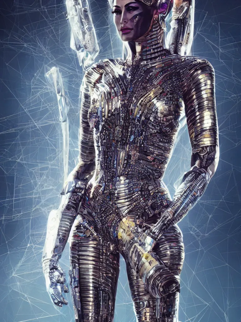 Image similar to full body portrait of the muscular Egyptian Android Pharaoh Queen, by DC comics and Sandra Chevrier and beeple, artstation, volumetric lighting and fog, hyperrealism, hyper detailed futuristic royalty, award winning costume design, cybernetic bionic ancient cyborg, fashion show runway, futuristic fine textures, woven with electricity, high fashion superpowers, floating dust particles, bokeh, mystic haze, 4k UHD, HDR