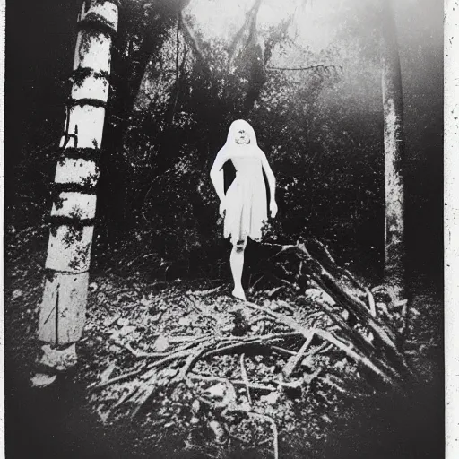 Image similar to an ancient evil-girl devouring the human souls on a mysterious Colombian jungle, mist, abandoned house, 1910 polaroid photography, grainy film, Black and white