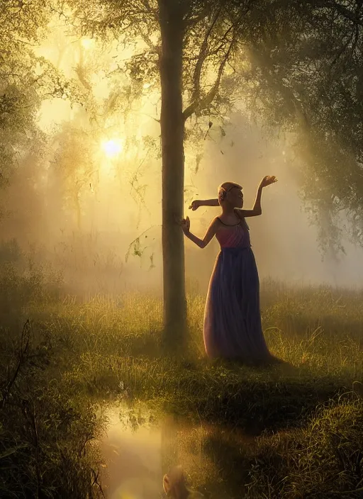 Image similar to misty swamp, hazy fog, sundown golden hour, early morning dance, smile, fireflies and sparkling wisps, rainbow sun rays through trees, Lilia Alvarado, Sophie Anderson, Mark Arian, Bob Byerley, Charlie Bowater, Mark Brooks, Steve Henderson, Justin Gerard, Arthur Hughes, Edward Robert Hughes, Mark Keathley, Victor Nizovtsev, Carlos Shwabe, Ross Tran, WLOP