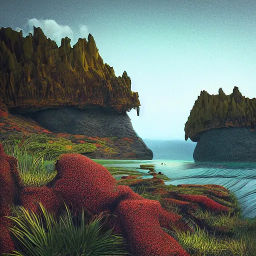 Image similar to artistic digital artwork of a lush natural scene on an alien planet. beautiful landscape by lurid ( 2 0 2 2 ). weird vegetation. cliffs and water. grainy and rough. soft interesting colour palette. beautiful light. high quality render.