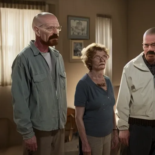 Image similar to a film still of walter white standing with his parents breaking bad, walter white's mother and father next to him in breaking bad, realistic, hyperrealistic, ultra realistic, real, real world, highly detailed, very detailed, extremely detailed, intricate details, 8 k resolution, hd quality, film still