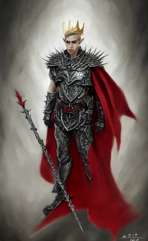 Image similar to A portrait of a male elf, 20 years old, short silver hair, red eyes, wearing a spiked black metal crown, black heavy armor with gold trim, and a red cape, lean but muscular, attractive, command presence, royalty, weathered face, smooth, sharp focus, illustration, concept art, highly detailed portrait muscle definition, fantasy painting, ArtStation, ArtStation HQ