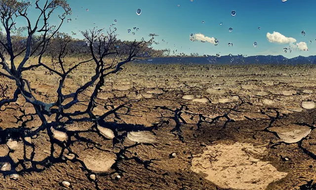 Image similar to beautiful panorama of many magnificent big upside-down raindrops in a perfect cloudless blue sky above a dried up river, desolate land, dead trees, blue sky, hot and sunny highly-detailed, elegant, dramatic lighting, artstation, 4k, cinematic landscape, masterpiece photograph by National Geographic