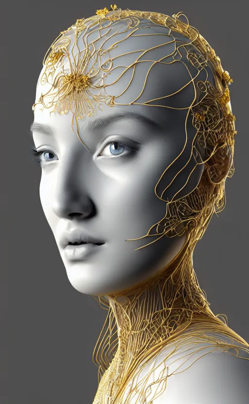 Image similar to complex 3d render of a beautiful porcelain profile woman face, hazel eyes, ultra detailed, vegetal dragon cyborg, 150 mm, beautiful natural soft light, rim light, silver gold lemon metallic details, magnolia big leaves and stems, roots, fine lace, maze like, mandelbot fractal, anatomical, facial muscles, cable wires, microchip, elegant, white metallic armour, octane render, black and white, H.R. Giger style