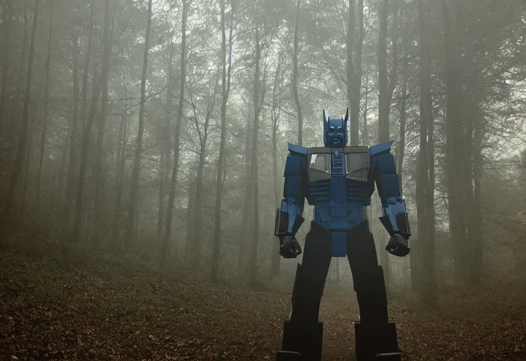 Image similar to low quality iphone photo of g 1 optimus prime standing ominously deep in the foggy woods with a demonic smile in his face, low visibility creepy, grainy, trail cam footage