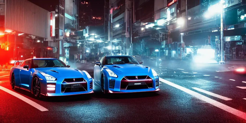 Image similar to NISSAN GT-R with blood vinyil in the middle of a road on the night Tokyo, blue color grading, cinematic color grading , unreal 5, hyperrealistic, realistic, photorealistic, dynamic lighting, highly detailed, cinematic landscape, studio landscape, studio lighting