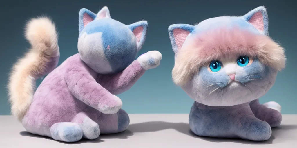 Prompt: 3 d precious moments plush cat with realistic fur, snowy mountain landscape, john william waterhouse color palette, master painter and art style of john william waterhouse and caspar david friedrich and philipp otto runge, blue / white / gray / green / pink / tan / mid pink / blue gray color scheme,