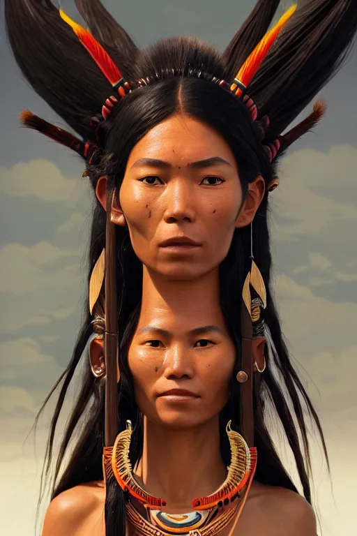 Image similar to woman of huaorani amazon ecuadorian tribe, finely detailed perfect face, exquisite details, fire magic, mid view, design on a white background, by studio muti, greg rutkowski makoto shinkai takashi takeuchi studio ghibli