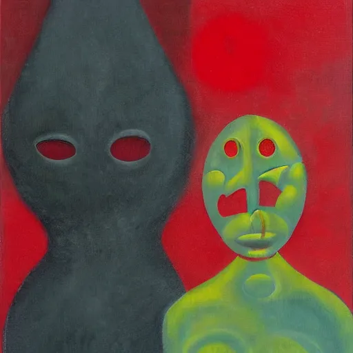 Prompt: Oil painting by Rufino Tamayo. Mechanical gods with animal faces kissing. Oil painting by Lisa Yuskavage.