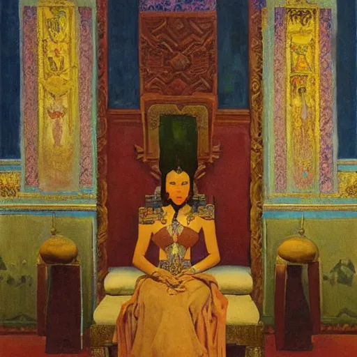 Prompt: an oil painting a queen standing in a throne room by nicholas roerich, by gustave moreau, by james hawe, by frank frazetta, by georgia o keeffe, oil painting