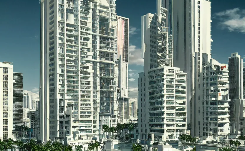 Prompt: the miami deco district, by mobius, trending on artstation, sharp focus, masterpiece,