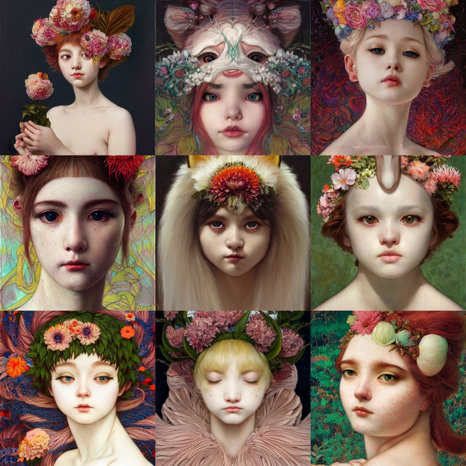 Prompt: white cat girl, botanical, portrait face, colorful, frantisek kupka, intricate, miles johnston, kuroda seiki, cynical realism, ozabu, john william godward, painterly, yoshitaka amano, moebius, miles johnston, louise zhang, james jean, mark ryden lowbrow pop surrealism art style