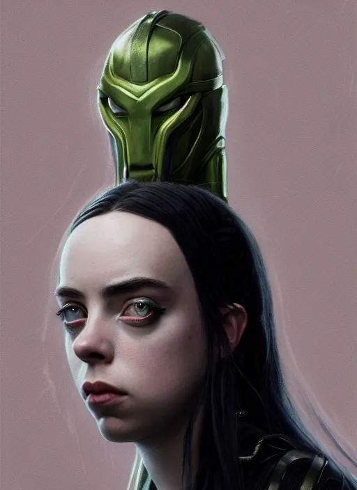 Prompt: Billie Eilish as female loki by, hyper detail, hyper realistic, octane render, noir, gorgeous symmetrical face, elegant, intricate, studio lighting, by Greg rutkowski