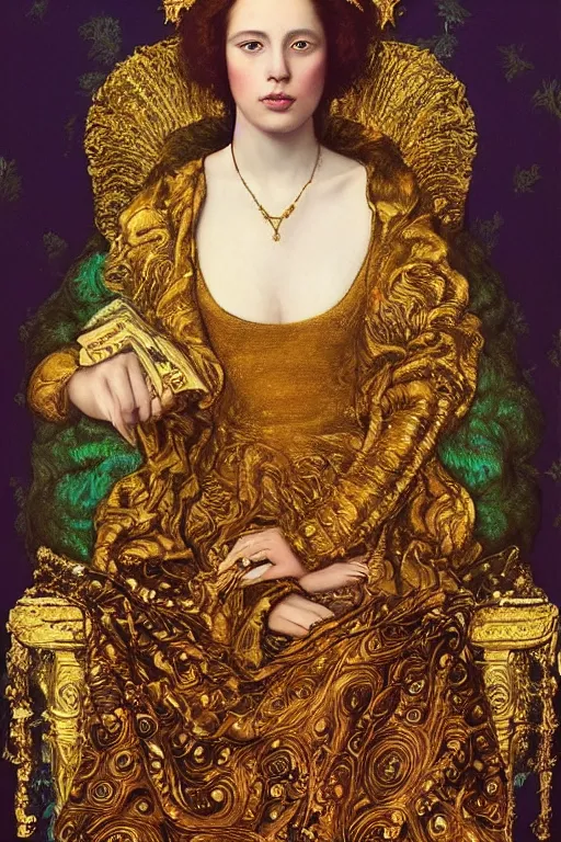 Prompt: “A majestic portrait of Dasha Nekrasova with a crown sitting in a gold throne,johannes voss,titian, Tom Bagshaw, Sam Spratt, maxfield parrish, gustav klimt , cinematic, hyper realism, high detail, 8k, intricate, gold green and purple colors”