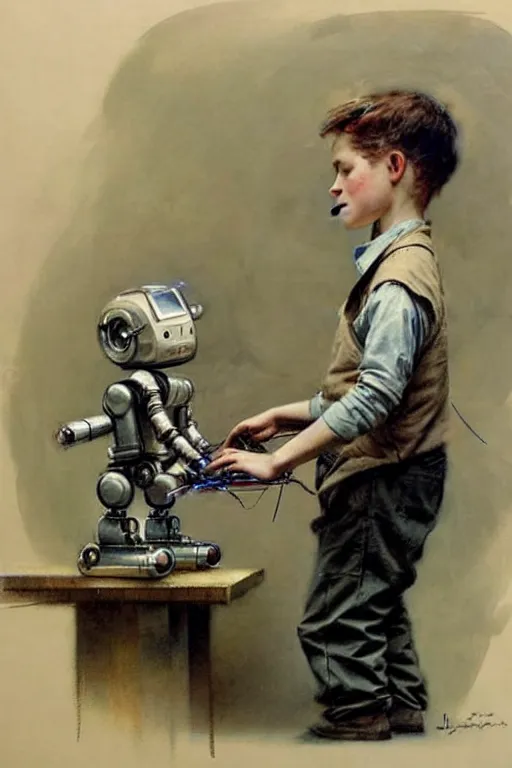 Image similar to (((((1950s a boy working on his robot . muted colors.))))) by Jean-Baptiste Monge !!!!!!!!!!!!!!!!!!!!!!!!!!!