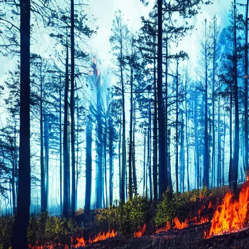 Prompt: wild fire, forest, photo realistic, clear blue sky