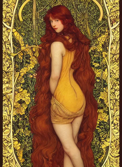 Prompt: masterpiece beautiful seductive flowing curves pose preraphaelite portrait photography, straight bangs, thick body, yellow ochre ornate medieval dress, mushroom forest arch, william morris and kilian eng and mucha, framed, 4 k