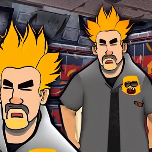 Prompt: in-game screenshot of Guy Fieri as a character in Team Fortress 2 (2007)