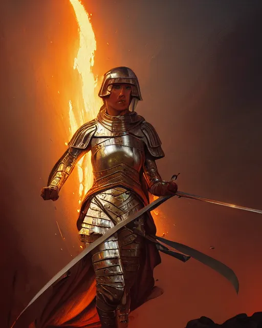 Image similar to commander at the battle field of a medieval war, fire and dust and lava and golden armor, action, dramatic lighting, intricate, wild, highly detailed, digital painting, artstation, concept art, smooth, sharp focus, illustration, art by artgerm and greg rutkowski and alphonse mucha